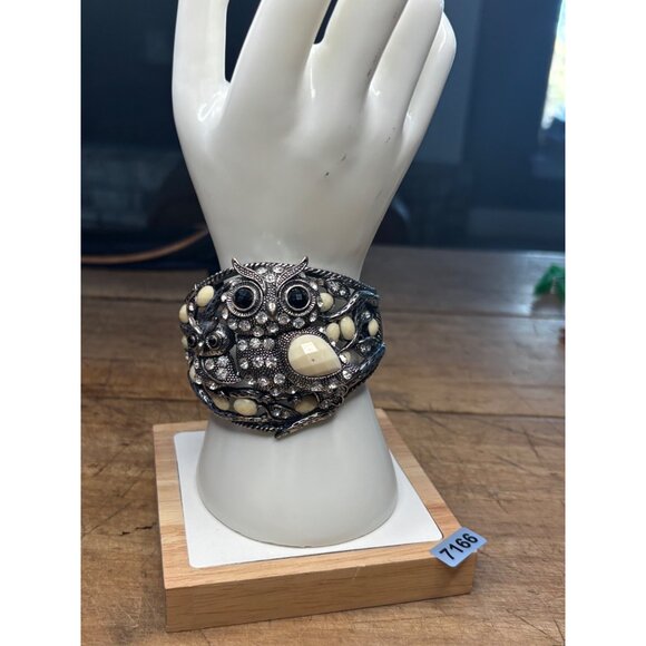 Vintage Silver-Tone Owl Cuff Bracelet With Rhinestones & Ivory Accents - Stateme - Picture 9 of 13